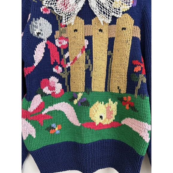 Berek Hand Knit Sweater Sz Petite Lace Collar Vtg 80s Wishing Well Flowers Cat - Picture 8 of 11